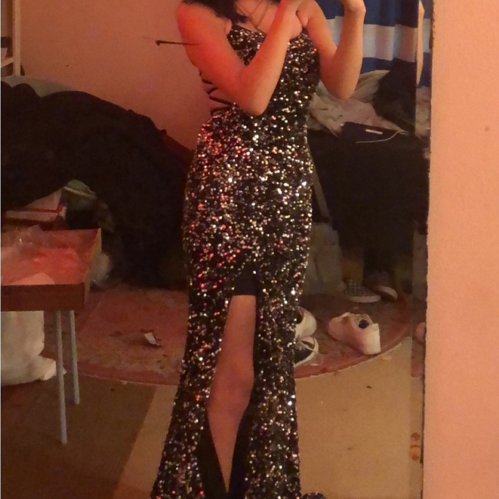sequin cover sherri hill black prom dress